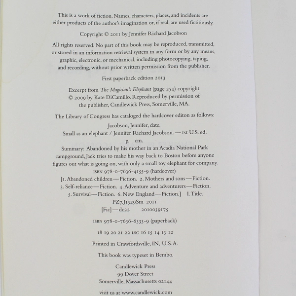 Small As An Elephant by Jennifer Richard Jacobson Paperback