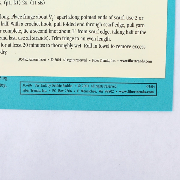 Fiber Trends Knitting Pattern AC-48x Faina's Scarf With Pattern Insert 2001