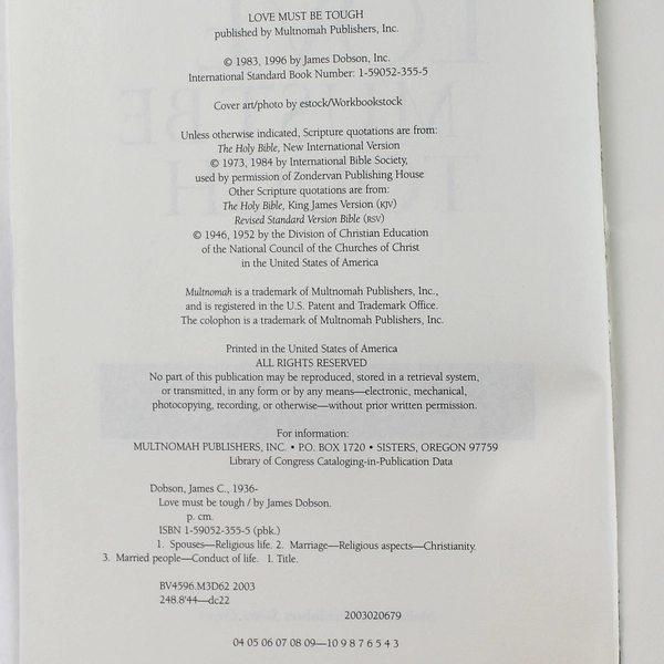 Love Must Be Tough by Dr. James Dobson 1996 Paperback - Good Condition