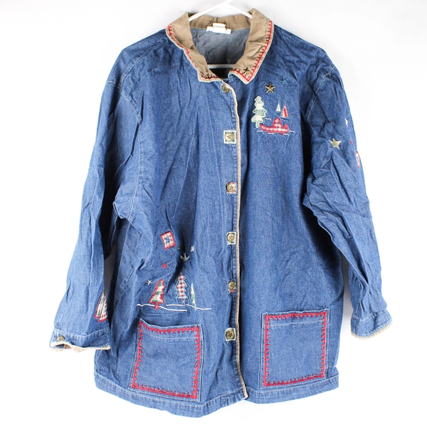 Teddi Women’s Denim Jacket Size 2X Camping Button Embroidered Blue 