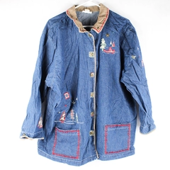 Teddi Women’s Denim Jacket Size 2X Camping Button Embroidered Blue 