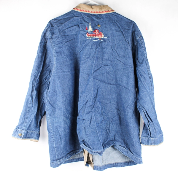 Teddi Women’s Denim Jacket Size 2X Camping Button Embroidered Blue 
