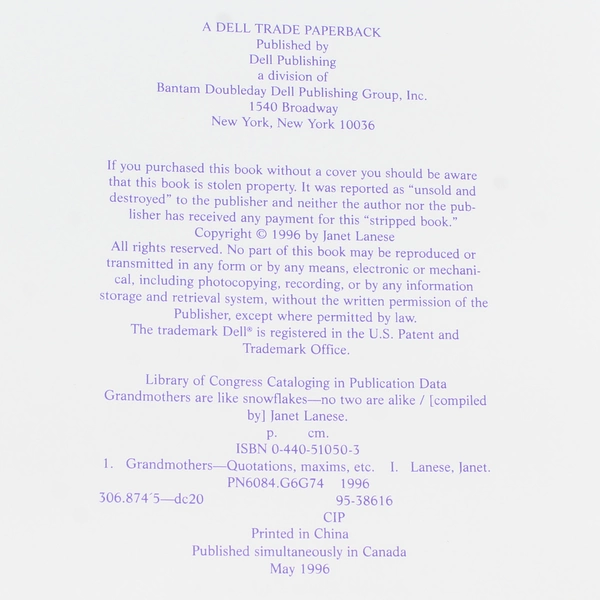 Grandmothers Are Like Snowflakes by Janet Lanese 1996 Hardcover Book