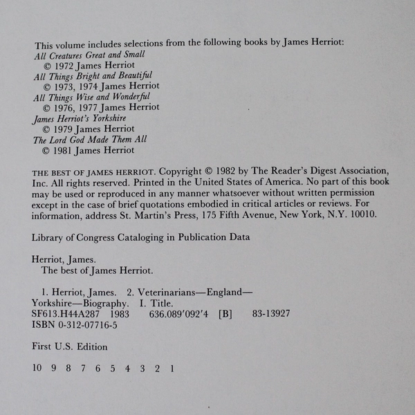 The Best of James Herriot 1982 HC Book with Dust Jacket - Classic Animal Stories