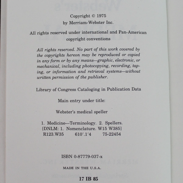 Merriam-Webster's Medical Speller (1975) Hardcover Dust Jacket