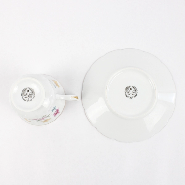 Vtg H 9 Porcelain Tea cup and Saucer Made In China White With Floral Pattern