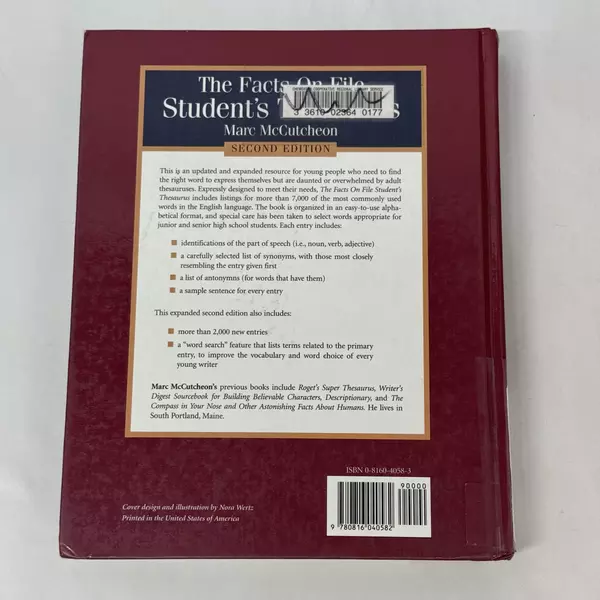 Facts on File Student's Thesaurus by Marc McCutcheon 1999 Hardcover