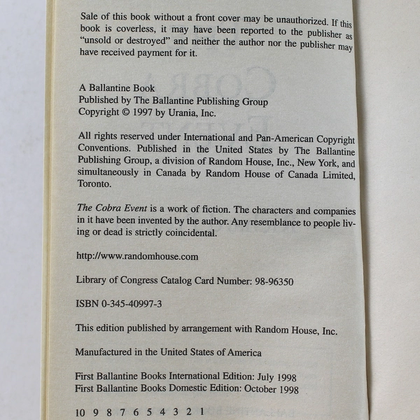 The Cobra Event by Richard Preston 1998 Paperback - Good Condition