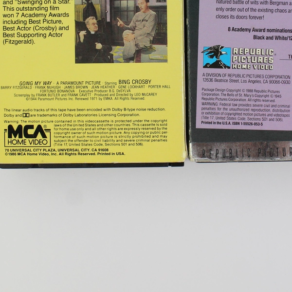 Lot of 2 Going My Way Bells of St Mary's VHS Tape Bing Crosby 1944 1945
