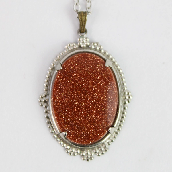 Vintage Necklace Goldstone Pendant With 17.5 Inch Long Sterling Chain 