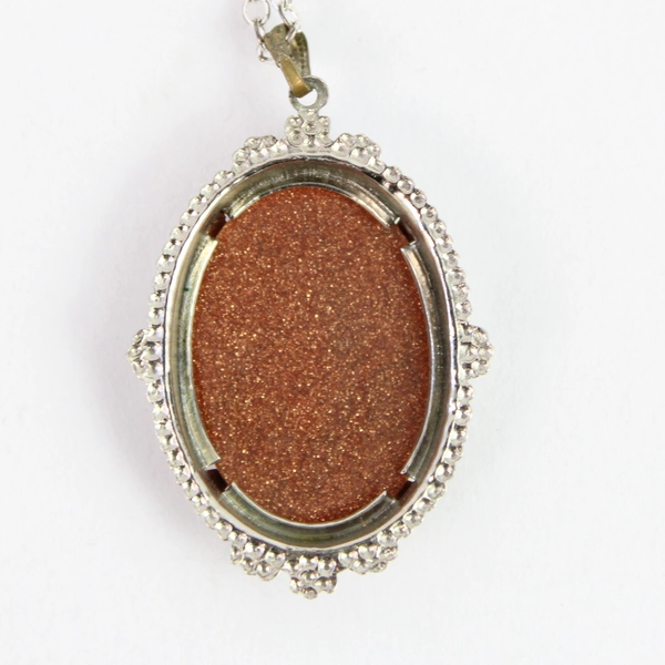 Vintage Necklace Goldstone Pendant With 17.5 Inch Long Sterling Chain 