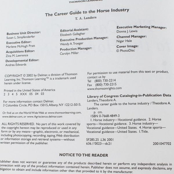 The Career Guide to the Horse Industry by Theodore A. Landers 2001 Paperback