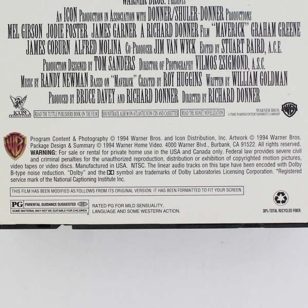 Maverick VHS Tape 1994 Jodie Foster Mel Gibson Western Movie