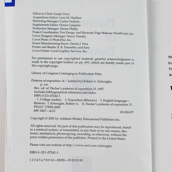 Patterns of Exposition 16 by Robert A. Schwegler 2001 Hardcover - Good Condition