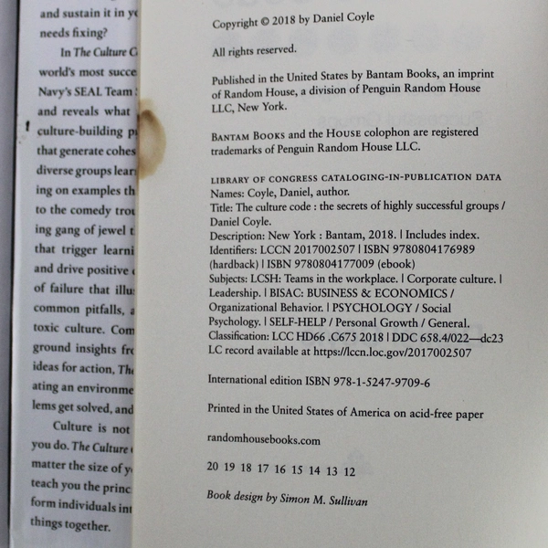 The Culture Code by Daniel Coyle 2018 Hardcover - Worn Dust Jacket & Stains