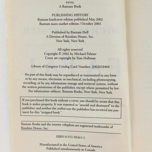 Fatal by Michael Palmer 2003 Paperback