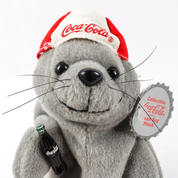 Collectible Coca-Cola Bean Bag Plush Gray Seal W/ Backwards Cap Hat W/ Tag