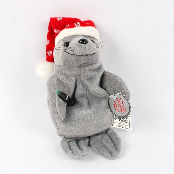 Collectible Coca-Cola Bean Bag Plush Gray Seal W/ Santa Hat W/ Tag