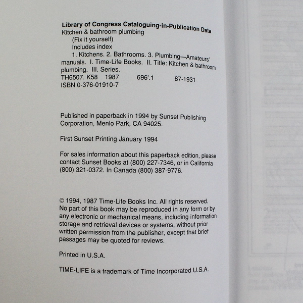 Kitchen & Bathroom Plumbing Time-Life Book 1994 PB DIY Guide Pre-Owned