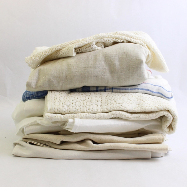 Large Mixed Lot of White and Off-White Tablecloths for DIY Fabric Crafts Flawed