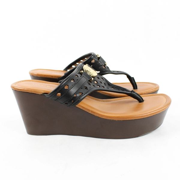 Tommy Hilfiger Black Brown and Tan Faux Leather Platform Sandals Women's Size 8M