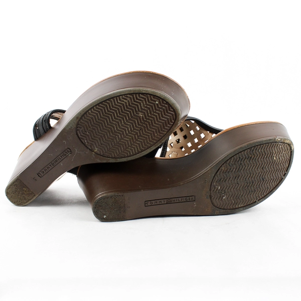 Tommy Hilfiger Black Brown and Tan Faux Leather Platform Sandals Women's Size 8M