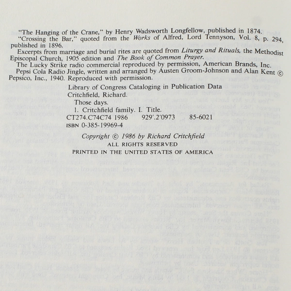 Those Days: An American Album by Richard Critchfield 1986 Hardcover