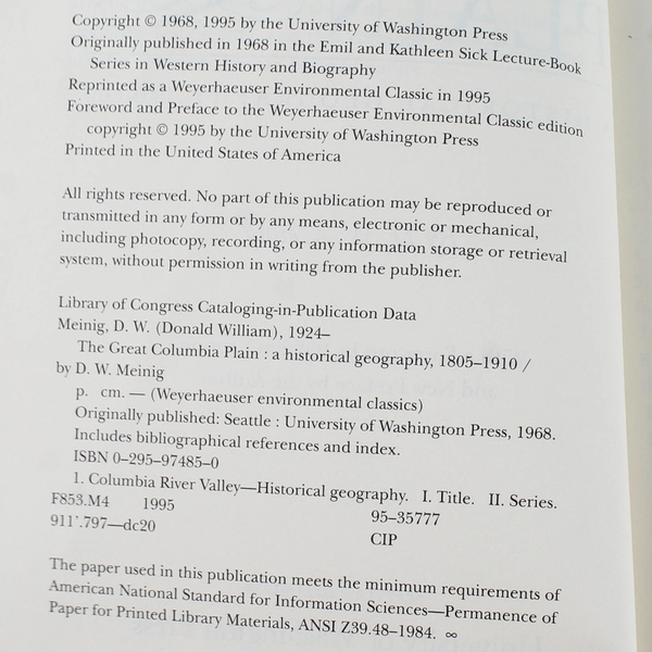 The Great Columbia Plain by D.W. Meinig 1995 Historical Geography Book, Good