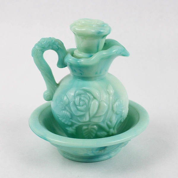 Vintage Avon Green Swirl Milk Glass Pitcher With Stopper and Basin