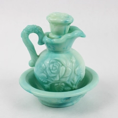 Vintage Avon Green Swirl Milk Glass Pitcher With Stopper and Basin