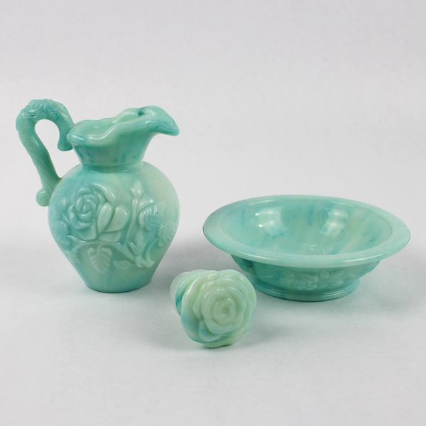 Vintage Avon Green Swirl Milk Glass Pitcher With Stopper and Basin