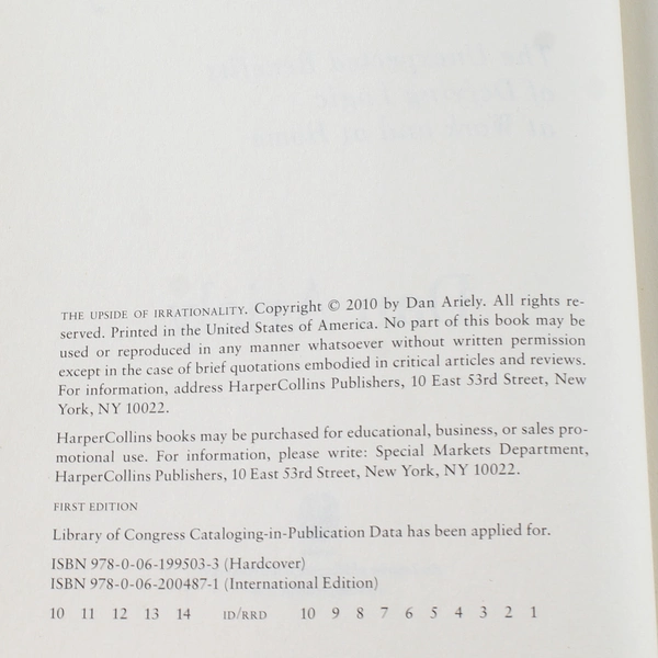 The Upside of Irrationality by Dan Ariely 2010 Hardcover - Good Condition