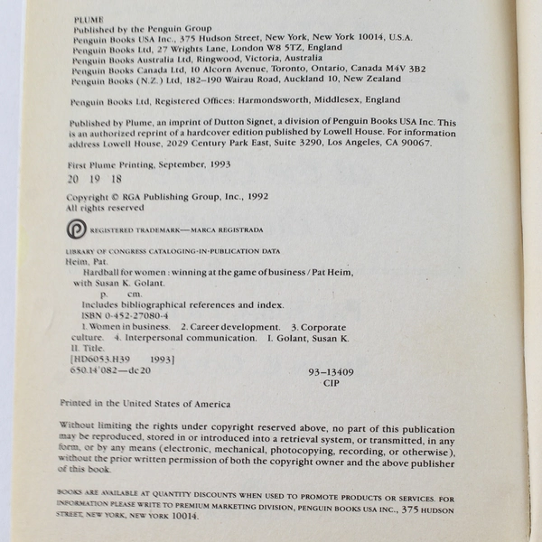 Hardball for Women by Pat Heim & Susan K. Golant 1993 Paperback Book