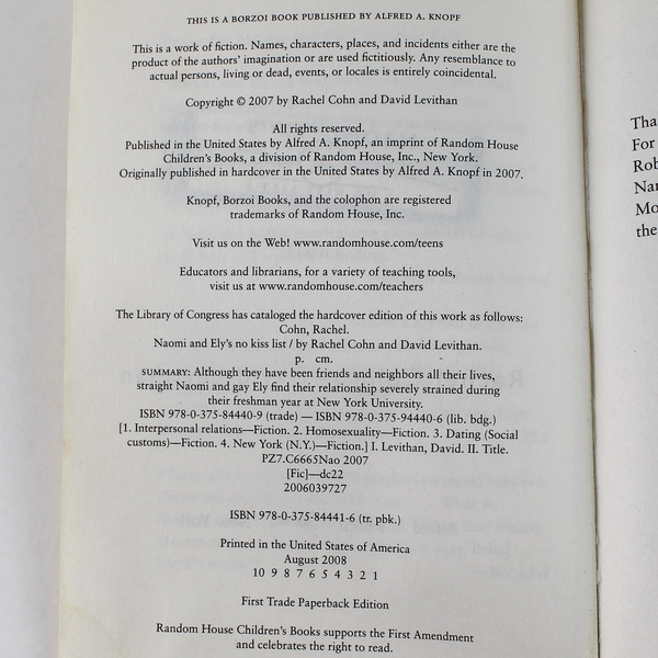 Naomi and Ely's No Kiss List David Levithan Rachel Cohn 2007 Paperback