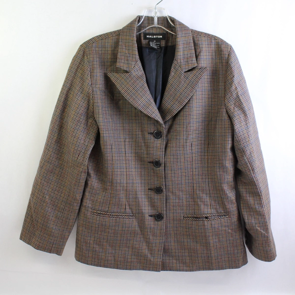 Halston Brown Multicolor Houndstooth Pattern Wool Suit Jacket Women's Size 10