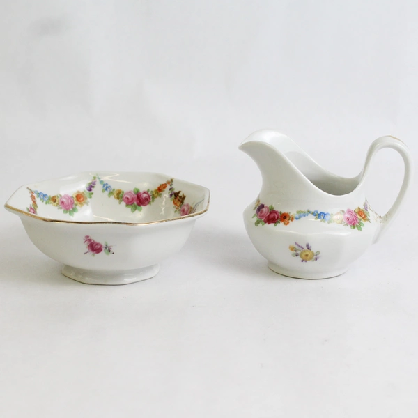 Vintage Schumann Bavaria Germany Floral Garland Creamer & Open Sugar Bowl