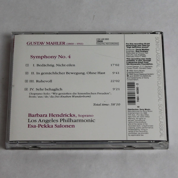 Mahler Symphony No. 4 CD 1992 Sony Classical - Good Condition, Pre-Owned