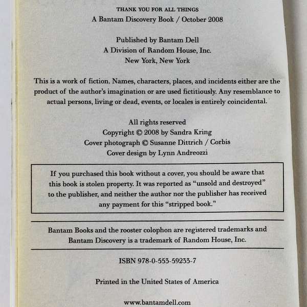 Thank You for All Things by Sandra Kring 2008 Paperback