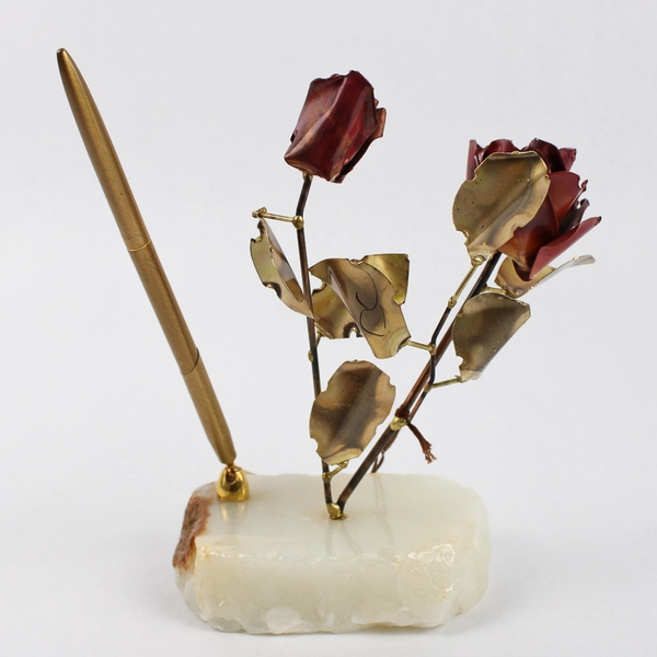 Al Speert The Metal Man Metal Roses & Pen On Onyx Base Tuscan AZ 1970-80s