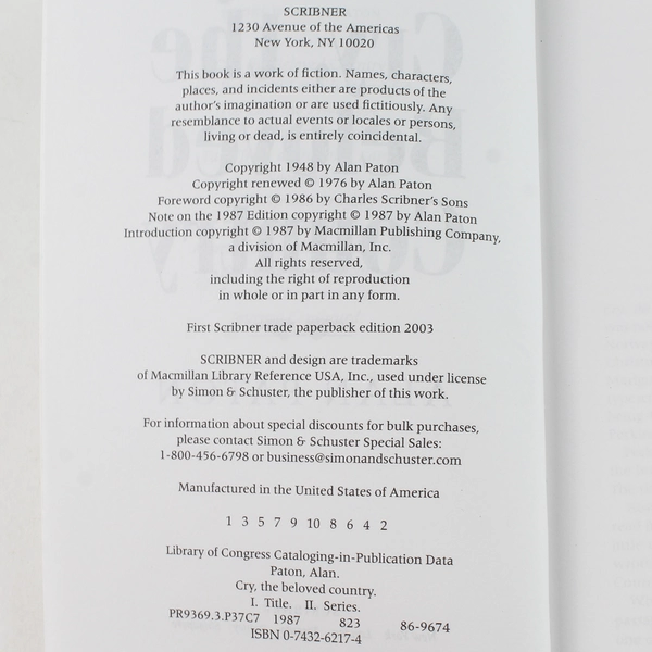 Cry The Beloved Country by Alan Paton 2003 Scribner Paperback - Good Condition