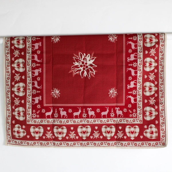 Small Square Cream and Red Tablecloth With Hearts Goats and Flowers 36" x 36"