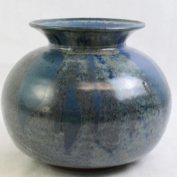 Handmade Signed Hearn Ceramic Pottery Blue Round Vase 6" Tall 7.5" Diameter