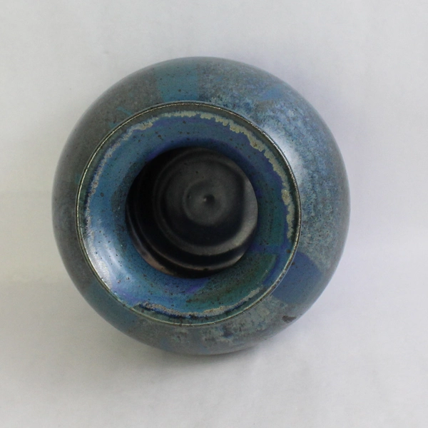 Handmade Signed Hearn Ceramic Pottery Blue Round Vase 6" Tall 7.5" Diameter