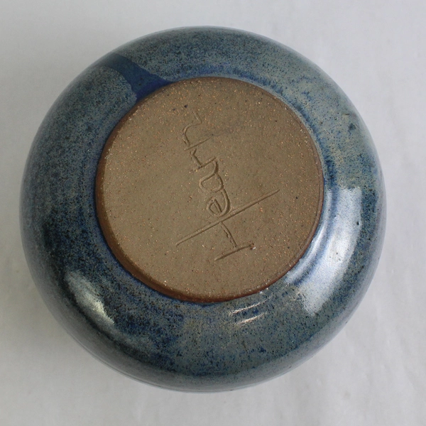 Handmade Signed Hearn Ceramic Pottery Blue Round Vase 6" Tall 7.5" Diameter