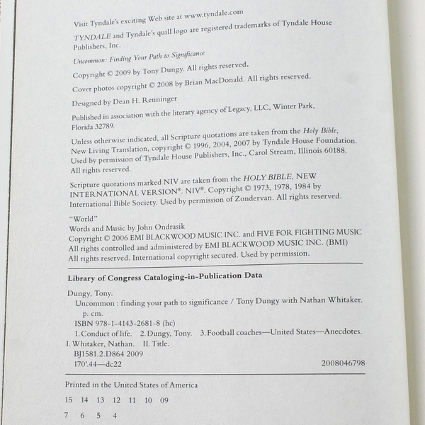 Uncommon by Tony Dungy - Finding Your Path to Significance Hardcover Book