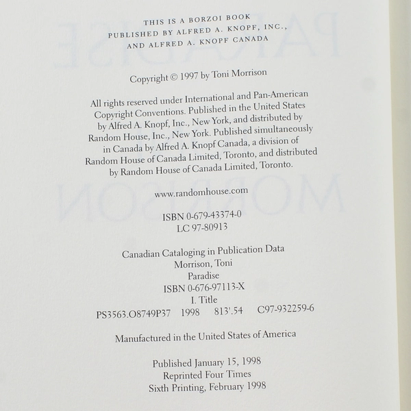 Paradise by Toni Morrison 1997 Knopf Hardcover Good Condition w/ Sticker Residue