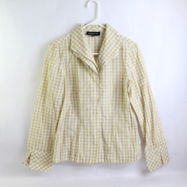 Jones New York Collection Gingham Long Sleeve Blouse Silk Cotton Women's Sz 10