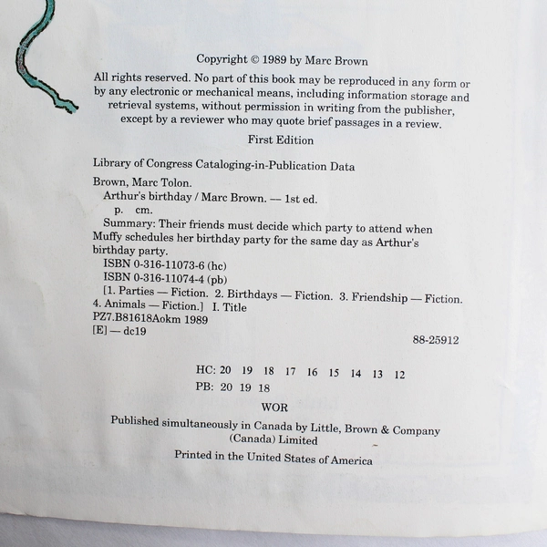 Arthur's Birthday 1st Edition Picture Book by Marc Brown 1989 Ex-Libris