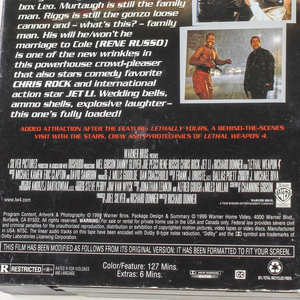 Lethal Weapon 4 VHS 1999 Mel Gibson Danny Glover Warner Bros. Classic Movie