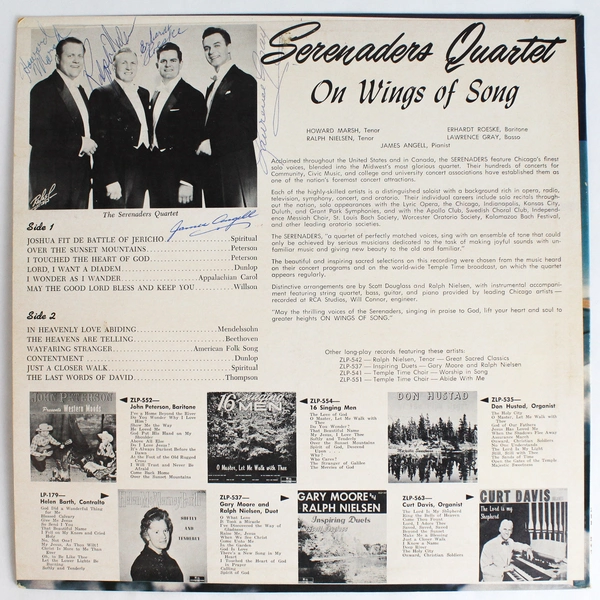 SIGNED Serenaders Quartet On Wings of Song Vinyl Zondervan Publishers